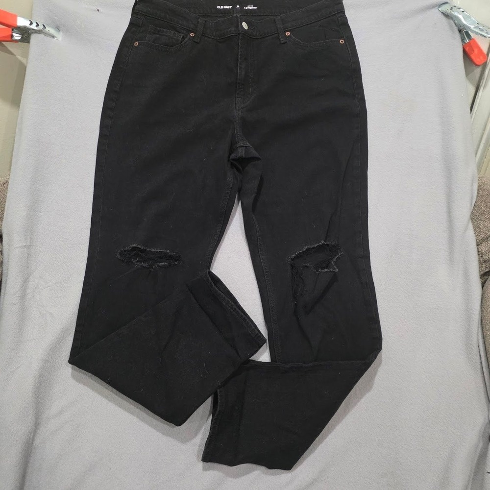 Old Navy Mid-Rise Boyfriend Jeans Black Distressed Ripped Knee Denim 14 Tall